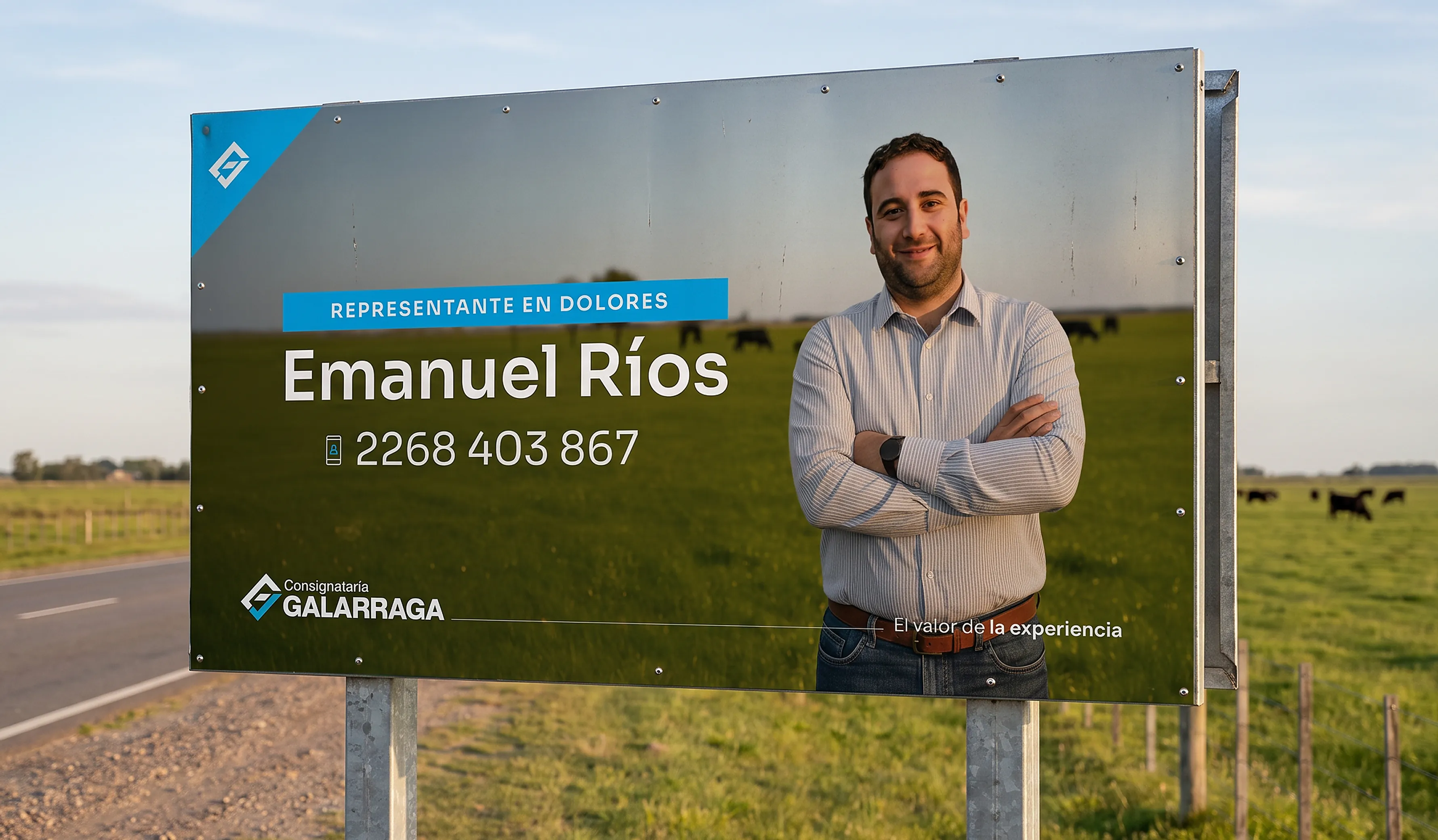 Cartel en la ruta con el representante de Dolores