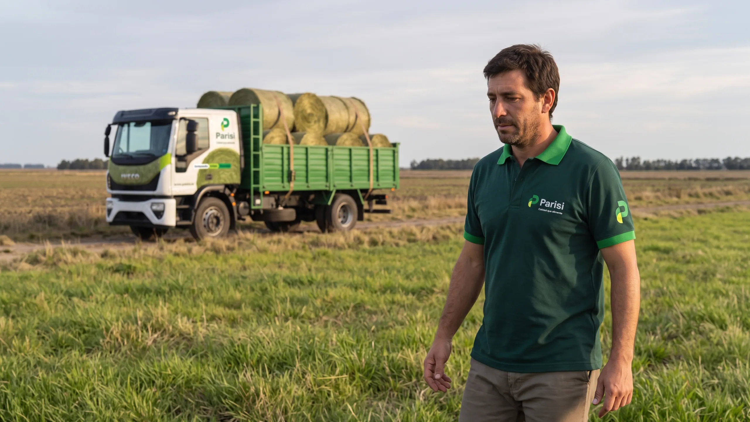 Camión de Parisi cargado de rollos en el campo
